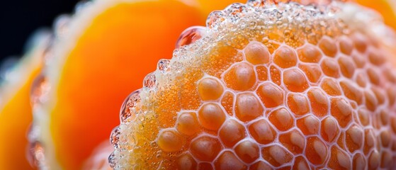 Poster -  A tight shot of numerous oranges, with dewdrops adorning their summits and bases