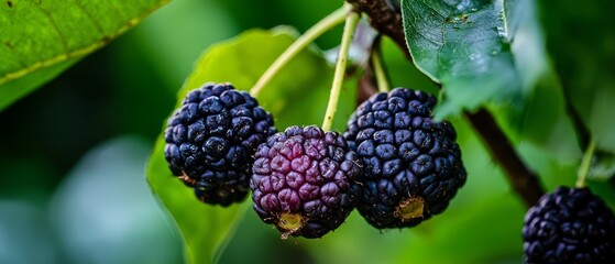 Poster -  A cluster of blackberries dangling from a tree, surrounded by green foliage in the foreground, and a solitary leaf in the background