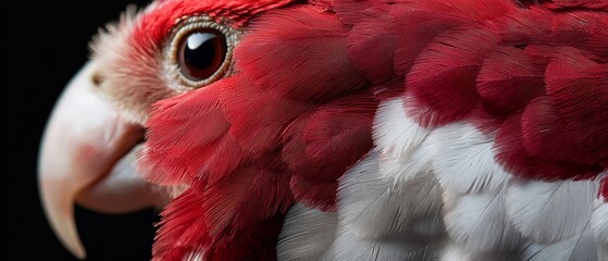 Wall Mural -  A tight shot of a red and white bird's head against a black background