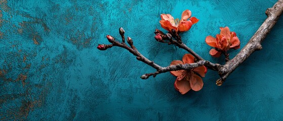 Poster -  A tree branch displaying orange blooms against a blue backdrop and a rust-patterned wall behind it