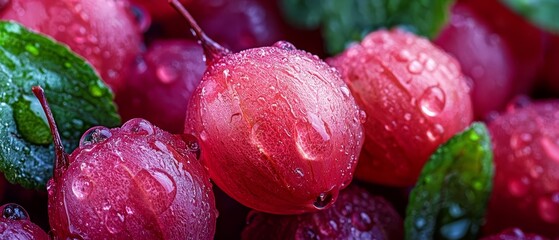 Sticker -  A tight shot of vibrant red and green fruit, adorned with dewdrops on their leaves