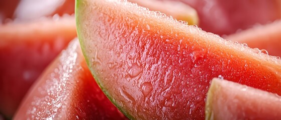 Poster -  A tight shot of a watermelon slice with water droplets glistening on its surface