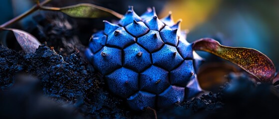 Poster -  A tight shot of a blue flower with a green leaf adjacent, and a yellow flower on the opposite side