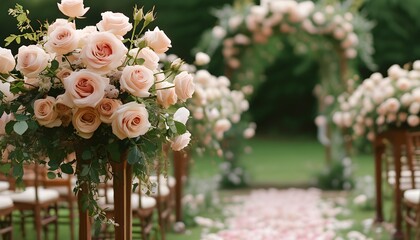 Wall Mural - Elegant Wedding Ceremony Surrounded by Lush Rose Garden Blossoms