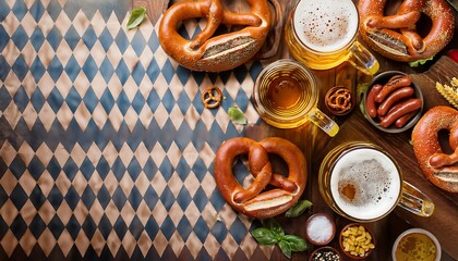 A delightful Bavarian beer feast featuring hearty sausages, soft pretzels, and frothy mugs, perfect for friends gathering in celebration of traditional flavors and fun. Generative AI