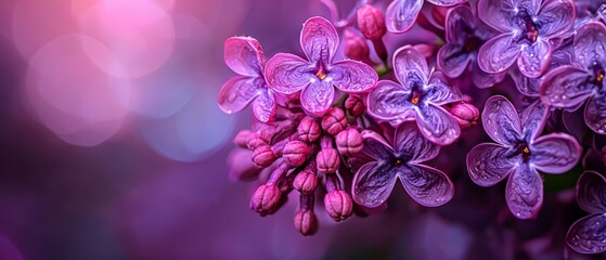 Wall Mural -  A close-up of purple flowers on a branch with out-of-focus background light