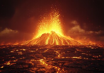 Erupting volcano lighting up the night sky with bright orange lava and ash plume