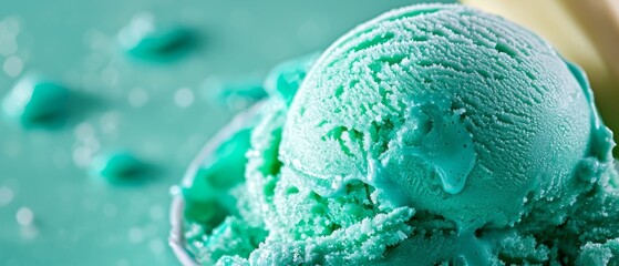 Poster -  A green scoop of ice cream atop a blue table, nearby stands a container of ice cream