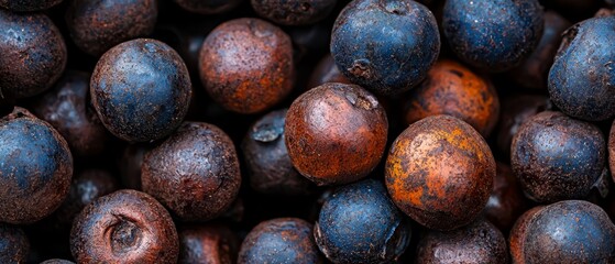 Wall Mural -  A tight shot of assorted fruits - some brown and others blue - with rusty patina on their outer skins