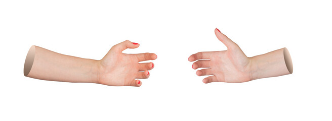 Wall Mural - hand reaching out to grab or hold something, isolated on white background. Open palm and fingers, ready to catch or pick an object. Elegant grip gesture from side view