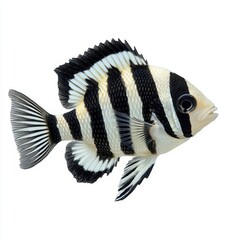 Wall Mural - Striped damselfish with black and white coloring, isolated on white background, a vibrant coral reef species, found in tropical saltwater habitats.