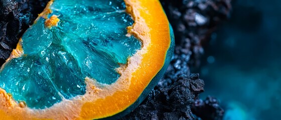 Poster -  Close-up of a juicy fruit with contrasting blue and orange peels, and water droplets beading atop