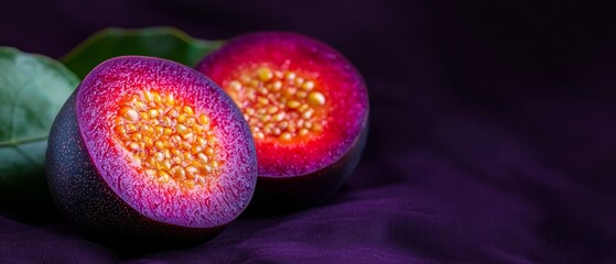 Sticker -  Two fruits atop a purple fabric, crowned by a single green leaf