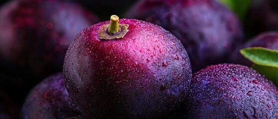 Sticker -  A tight shot of juicy plums with water droplets and a nearby green leaf in the foreground