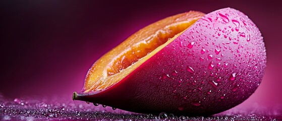 Canvas Print -  A grapefruit in tight focus, adorned with water droplets on its rind against a deep purple backdrop