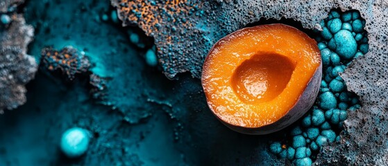 Poster -  A tight shot of a fruit piece against a backdrop of blue and green, with bubbles scattering in the surrounding background