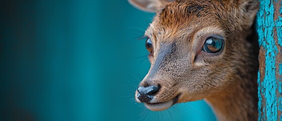 Canvas Print -  A detailed shot of a deer's head against a backdrop of a blue curtain, accompanied by a foreground of a softly blurred curtain