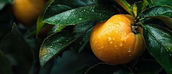 Sticker -  A tight shot of an orange adorned with dewdrops on its leafy branch Behind it, a tree laden with ripe oranges