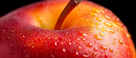 Sticker -  A red apple in close-up, adorned with water drops on its exterior and rim Inside, more droplets bead upon the surface