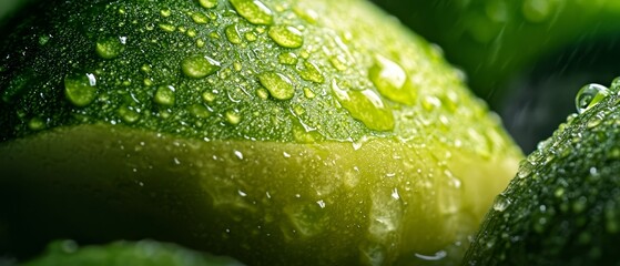 Poster -  A tight shot of a cucumber, adorned with droplets of water on its surface Opposite the dewdrops lies another side of the cucumber