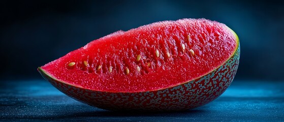 Sticker -  A watermelon slice, close-up, against a blue backdrop with droplets of water on the surface