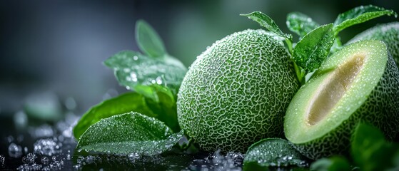 Poster -  A tight shot of a green fruit against a black surface, adorned with leaves and water droplets, set against a dark green backdrop