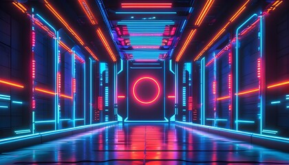 Wall Mural - Futuristic Sci-Fi Stage Illuminated by Vibrant Neon Lights