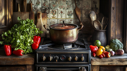 A vivid, high-definition shot of an old pot boiling on a vintage stove, surrounded by fresh vegetables and rustic kitchen tools. 