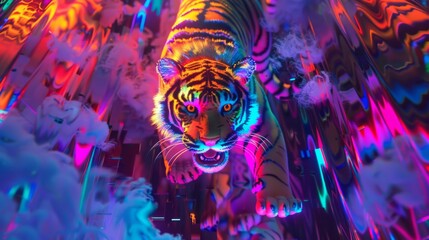 A tiger is leaping through a colorful, abstract background