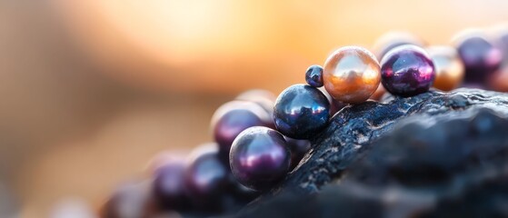 Wall Mural -  A tight shot of pearls clustered on black rock, background softly blurred