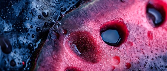 Canvas Print -  A tight shot of a red and black object, adorned with water droplets on its surface