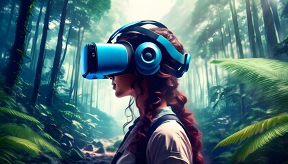 Wall Mural - Woman exploring virtual reality in a serene forest setting