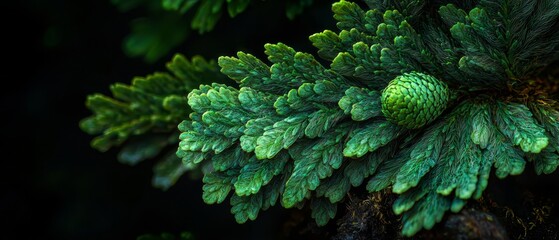 Wall Mural -  A tight shot of a tree branch bearing a pine cone at its core and adorned with another pine cone atop