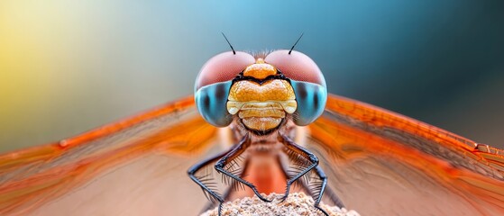 Wall Mural -  A detailed image of a bug's head with a blue and yellow stripe visible at its thorax end