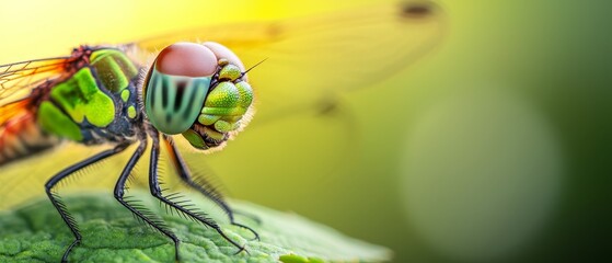 Wall Mural -  A tight shot of a green-orange insect on a verdant leaf against a sunlit yellow backdrop