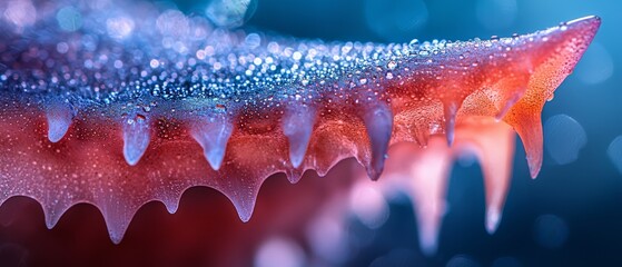 Poster -  A tight shot of water droplets on a multicolored morsel – red, white, and blue – against a softly blurred backdrop