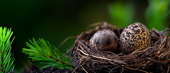 Poster -  A tight shot of a bird's nest atop a pine tree, housing two eggs