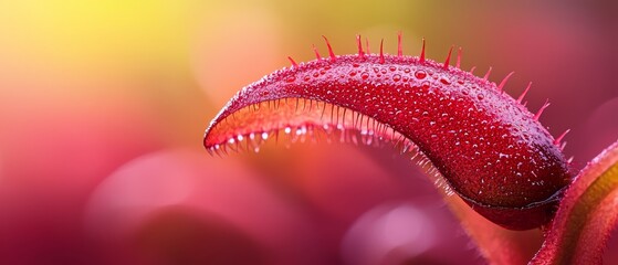 Poster -  A red flower in focus with water droplets on its petals and a blurred backdrop