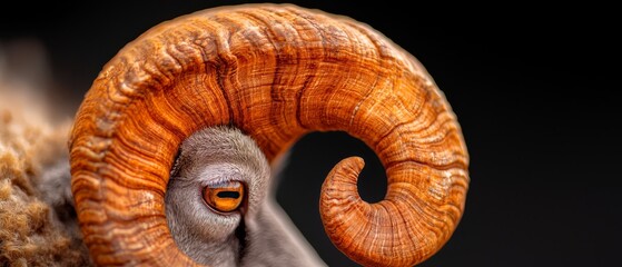 Wall Mural -  A tight shot of a ram's head adorned with a large, curled horn