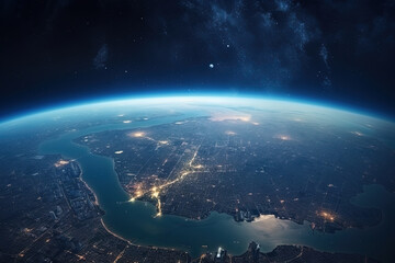 Wall Mural - Futuristic city aerial view at night. Structure of sci-fi metropolis with neon lights from the bird view
