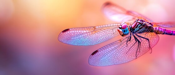 Canvas Print -  A dragonflies through the air in a blurred image, against a pink, blue, and yellow background