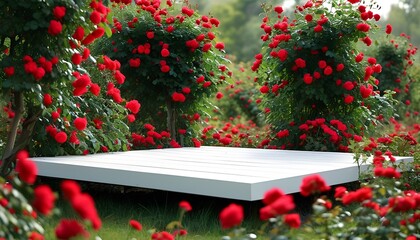 Canvas Print - Elegant White Platform Amidst Blooming Rose Garden