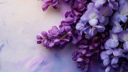 Poster -  A tight shot of various purple blooms against a white and blue backdrop