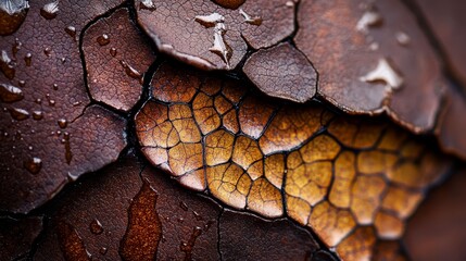 Poster -  A tight shot of a brown and yellow leaf, adorned with droplets of water