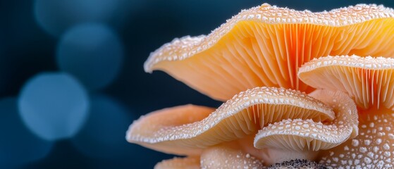 Wall Mural -  A tight shot of mushrooms, dewdrops adorning their peaks, background softly blurred