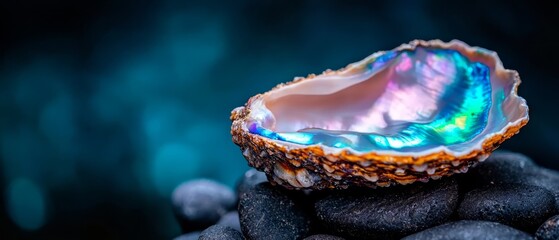 Canvas Print -  A large seashell atop a mound of dark rocks, beside a pool of turquoise liquid