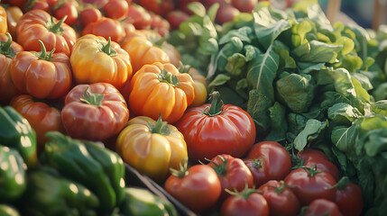 An ultra-close-up, real-life shot of fresh produce at a farmer’s market, with vibrant colors and lifelike textures of tomatoes, peppers, and greens, the scene bathed in soft, natural sunlight