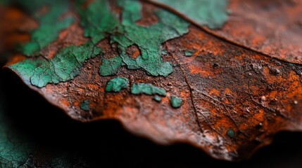 Poster -  A close-up of a leaf with green leaves on one side and orange leaves on the other, along with a brown leaf edged by green