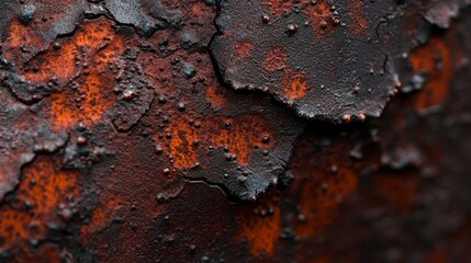 Poster -  A tight shot of a weathered metal surface, displaying an abundance of orange and black paint smears