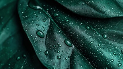 Poster -  Close-up of a green leaf dotted with water droplets against a dark green backdrop